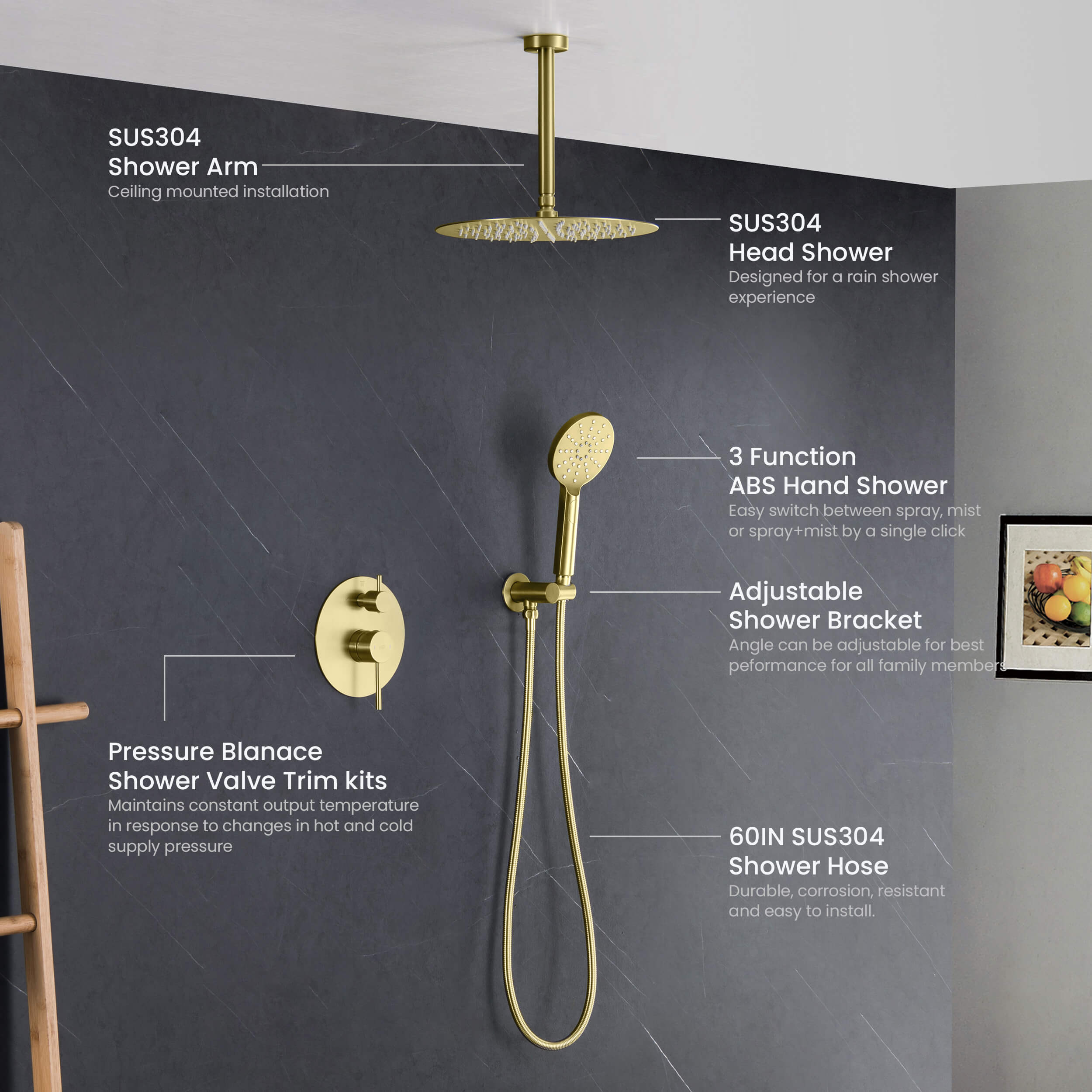 Circular Pressure Balanced Ceiling Mounted 2-Function Shower System with Rough In Valve - KSF408 view 4