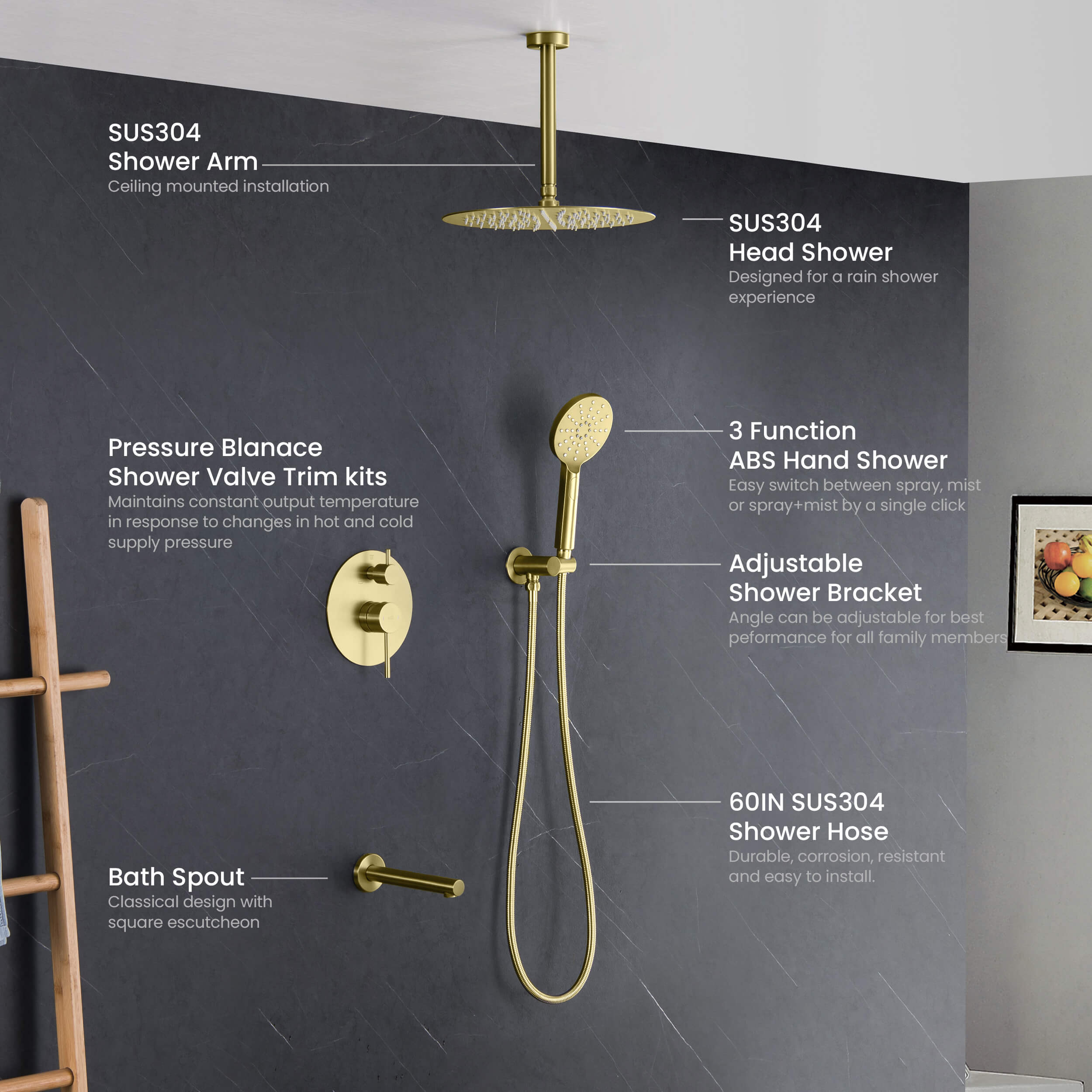Circular Pressure Balanced Ceiling Mounted 3-Function Shower System with Rough In Valve - KSF409 view 4