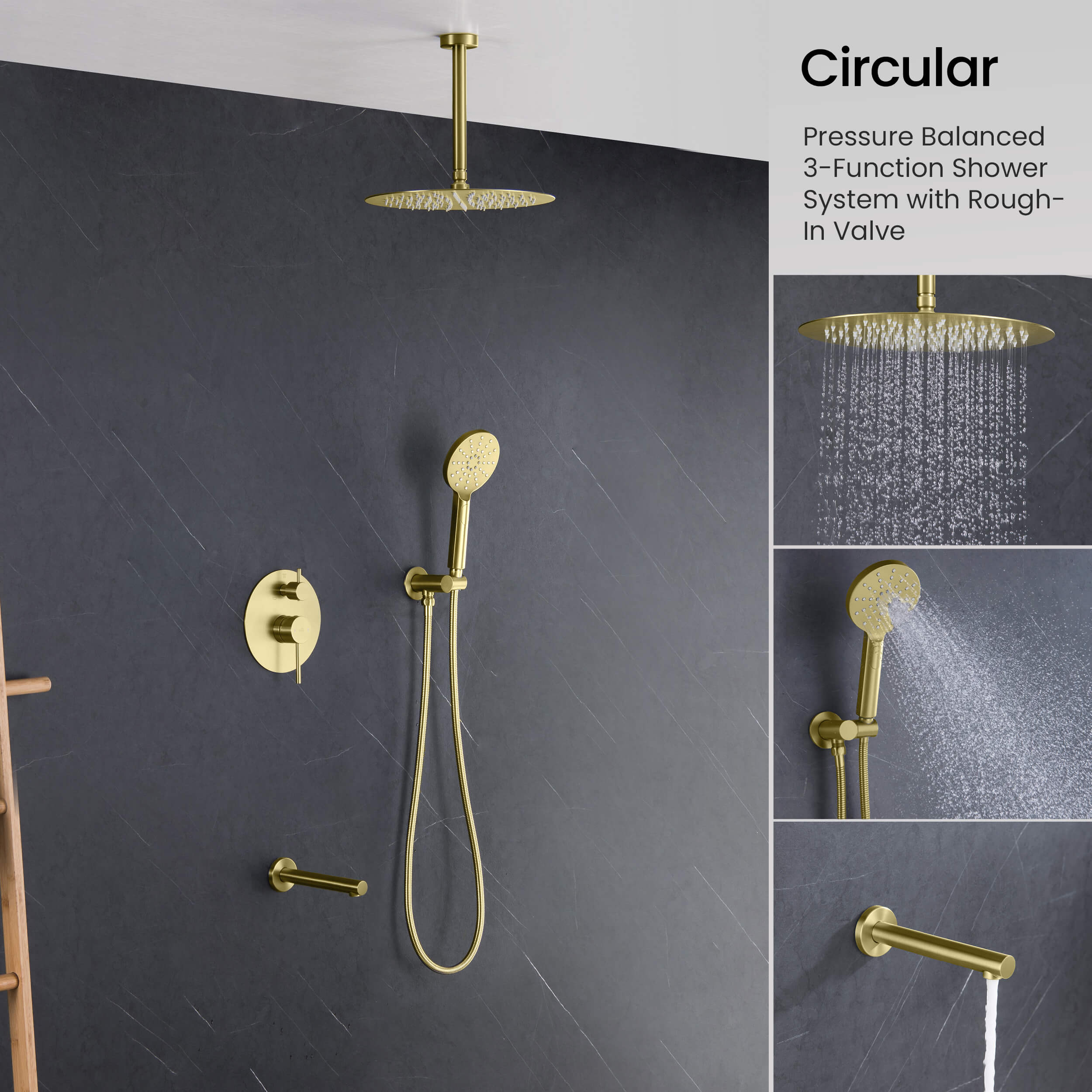 Circular Pressure Balanced Ceiling Mounted 3-Function Shower System with Rough In Valve - KSF409 view 5