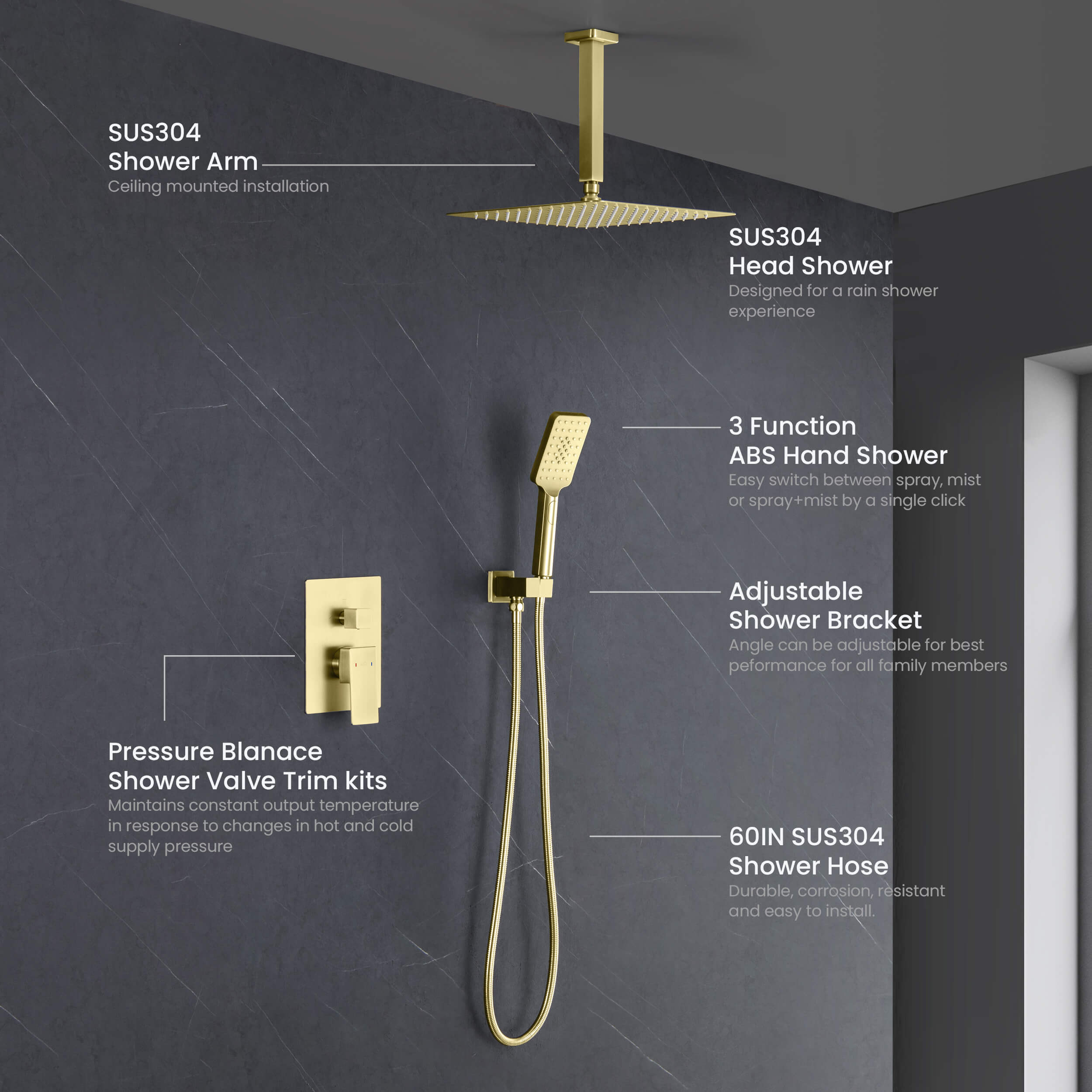 Cube Pressure Balanced Ceiling Mounted 2-Function Shower System with Rough In Valve - KSF412 view 4
