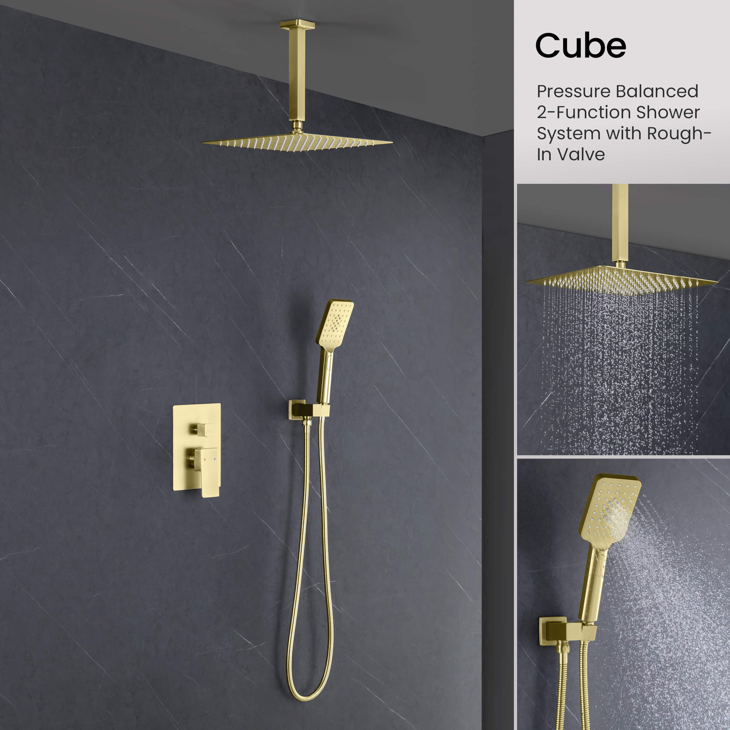 Cube Pressure Balanced Ceiling Mounted 2-Function Shower System with Rough In Valve - KSF412 view 5