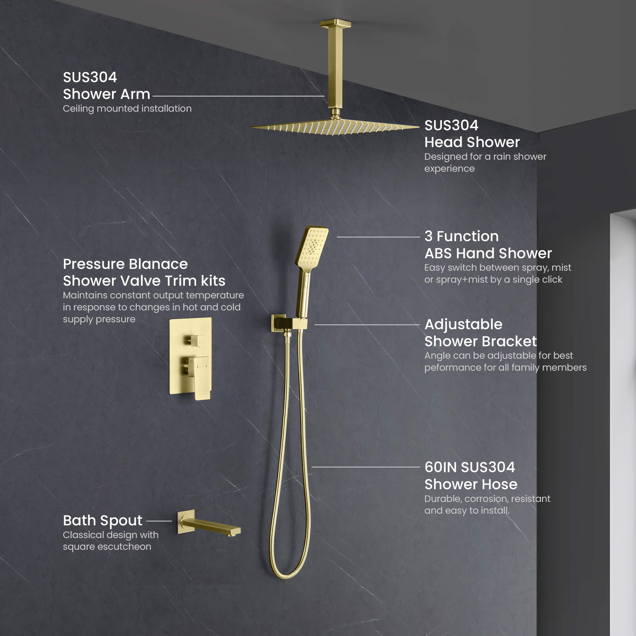 Cube Pressure Balanced Ceiling Mounted 3-Function Shower System with Rough In Valve - KSF413 view 4