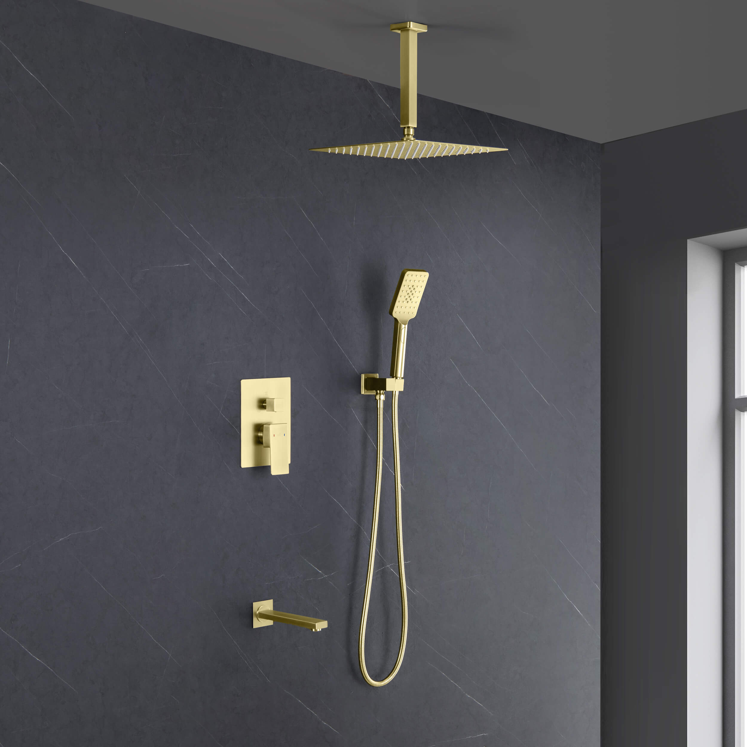 Cube Pressure Balanced Ceiling Mounted 3-Function Shower System with Rough In Valve - KSF413 view 2