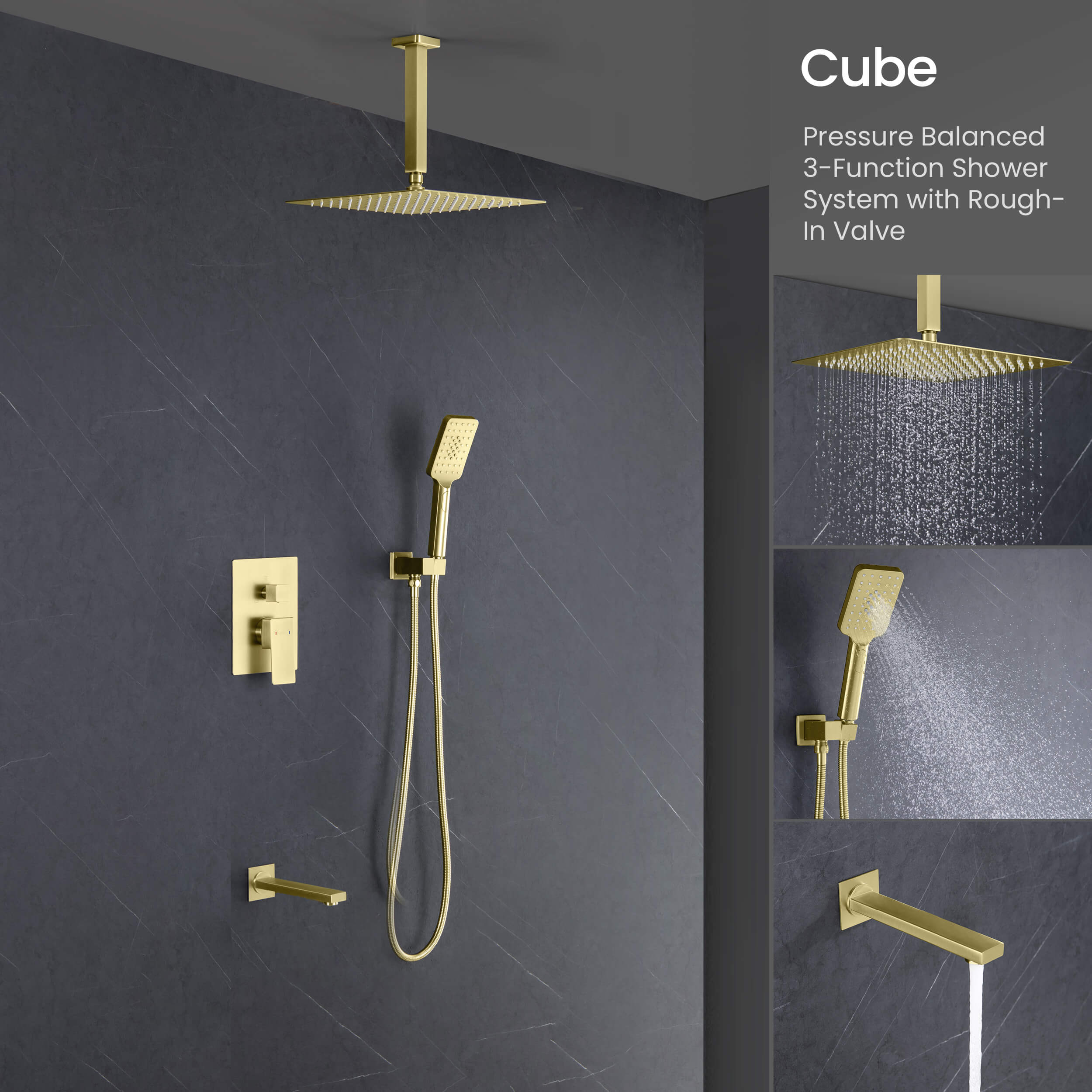 Cube Pressure Balanced Ceiling Mounted 3-Function Shower System with Rough In Valve - KSF413 view 5