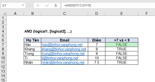 hàm and trong excel