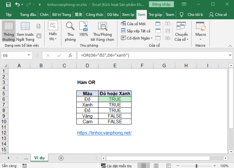 hàm or trong excel