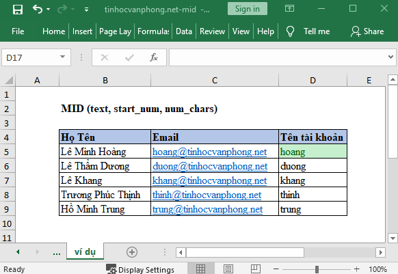 hàm mid trong excel