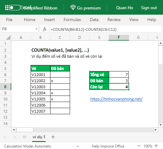 hàm counta trong excel - ví dụ 1