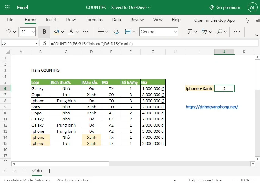 hàm countifs trong excel - ví dụ 1