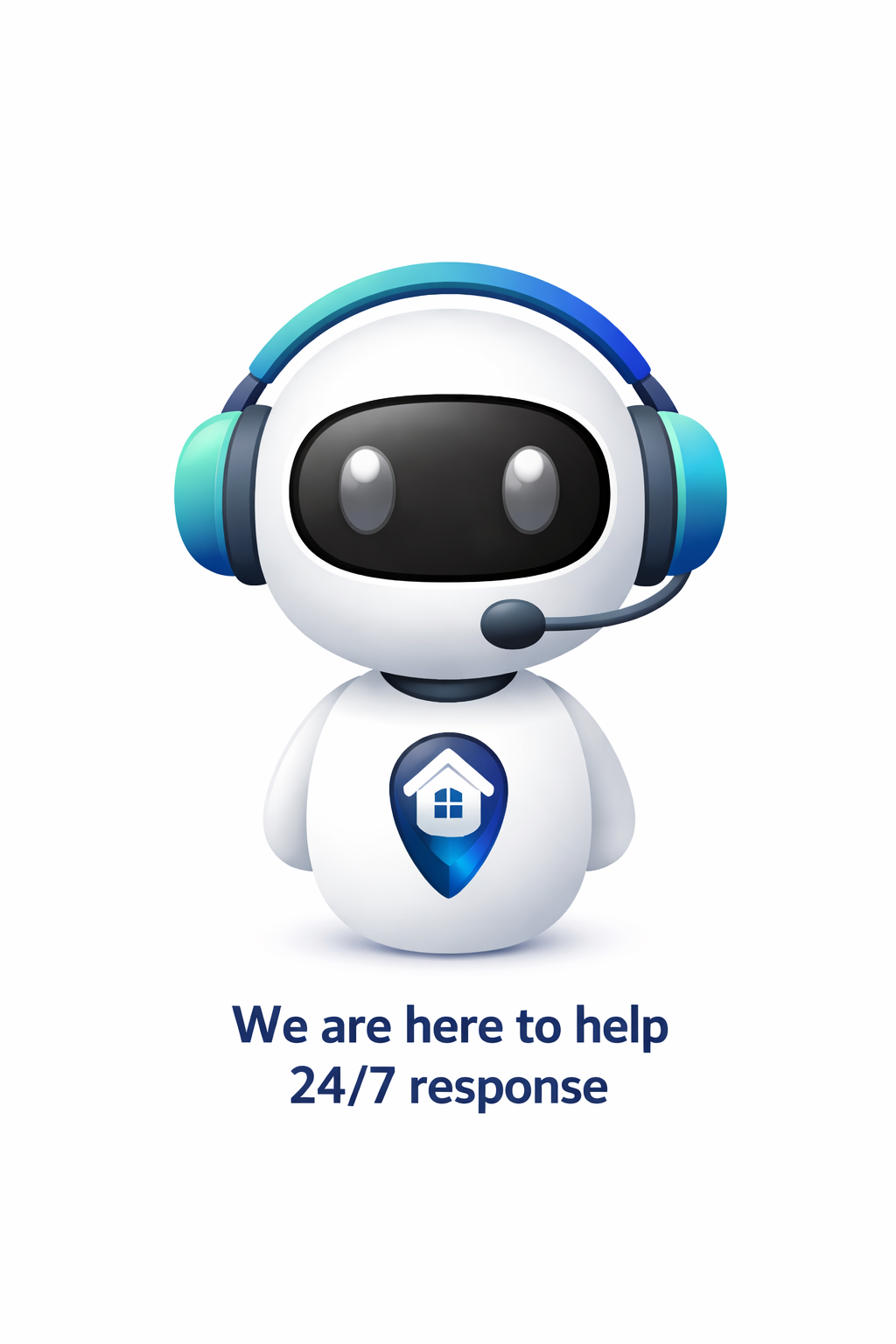 Friendly robot support assistant saying we're here to help 24/7