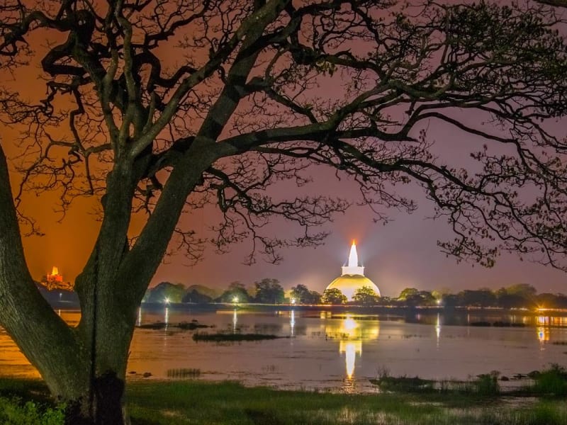 Temple reflecting in lake