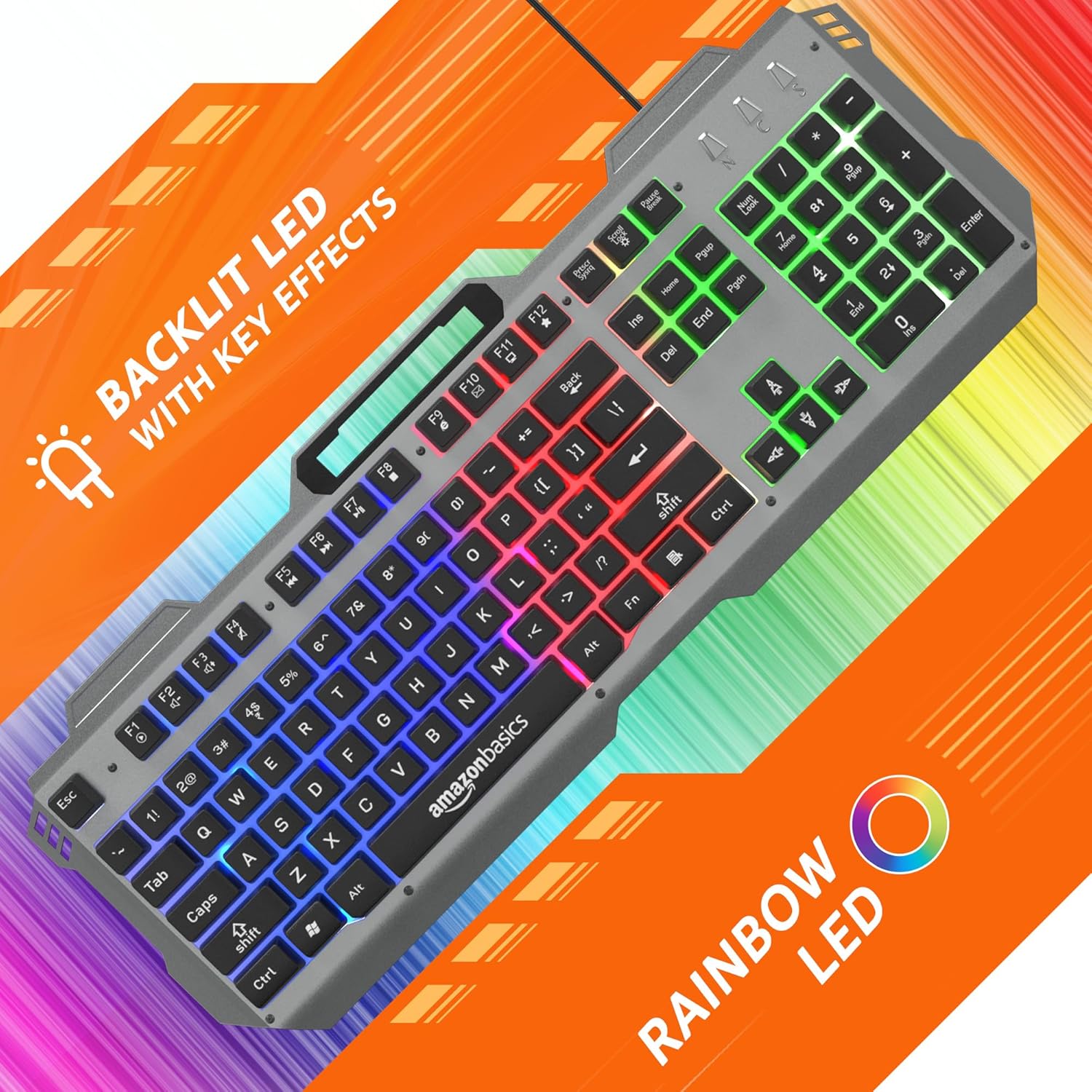 amazon basics USB Gaming Keyboard with Multicolour LED Effect | 12 Multimedia Keys |4 LED Modes