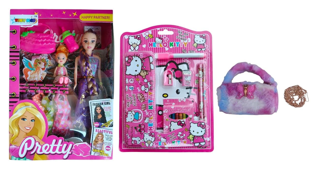 TINYKAD Doll Set_Stationary Set_Sling Bag| 11 inch Doll Toy Set| Doll with Movable Hands| Combo Gift for Girls of Age 3+ (Combo 3- Doll Set with Stationary Kit and Sling Bag)