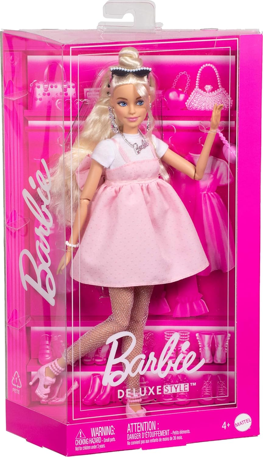 Barbie Deluxe Style Doll #3 in Barbiecore Outfit, Blond Hair in Top Knot, Pink Pastel Dress with Oversized Bow and Accessories Like Mesh Tights???