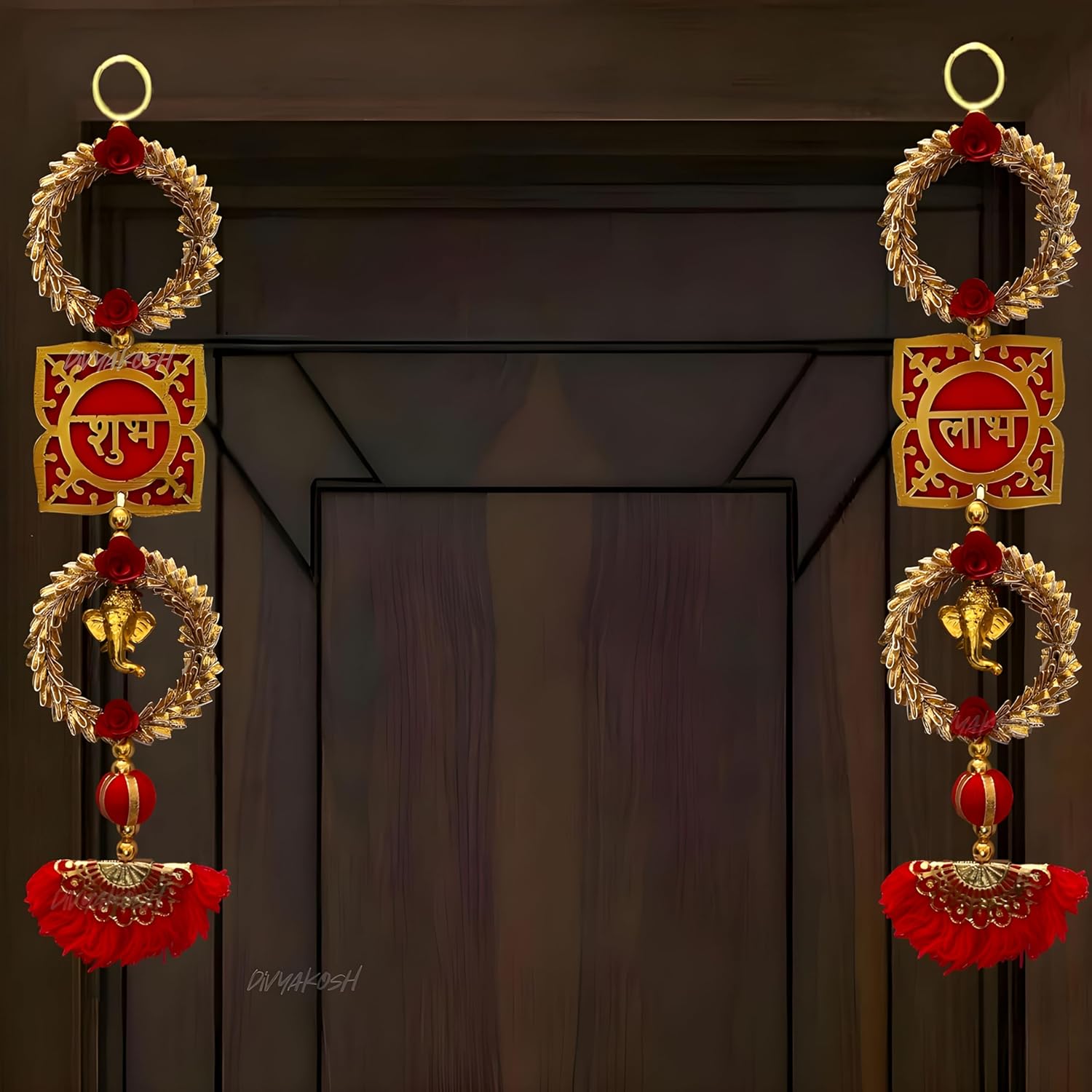 Divyakosh Wood shubh labh for Door Entrance (1 Pair)Golden Side Door hangings,toran for Home Decoration, Door Tags, Diwali Shoon/Soohn/Shun for Home mandir