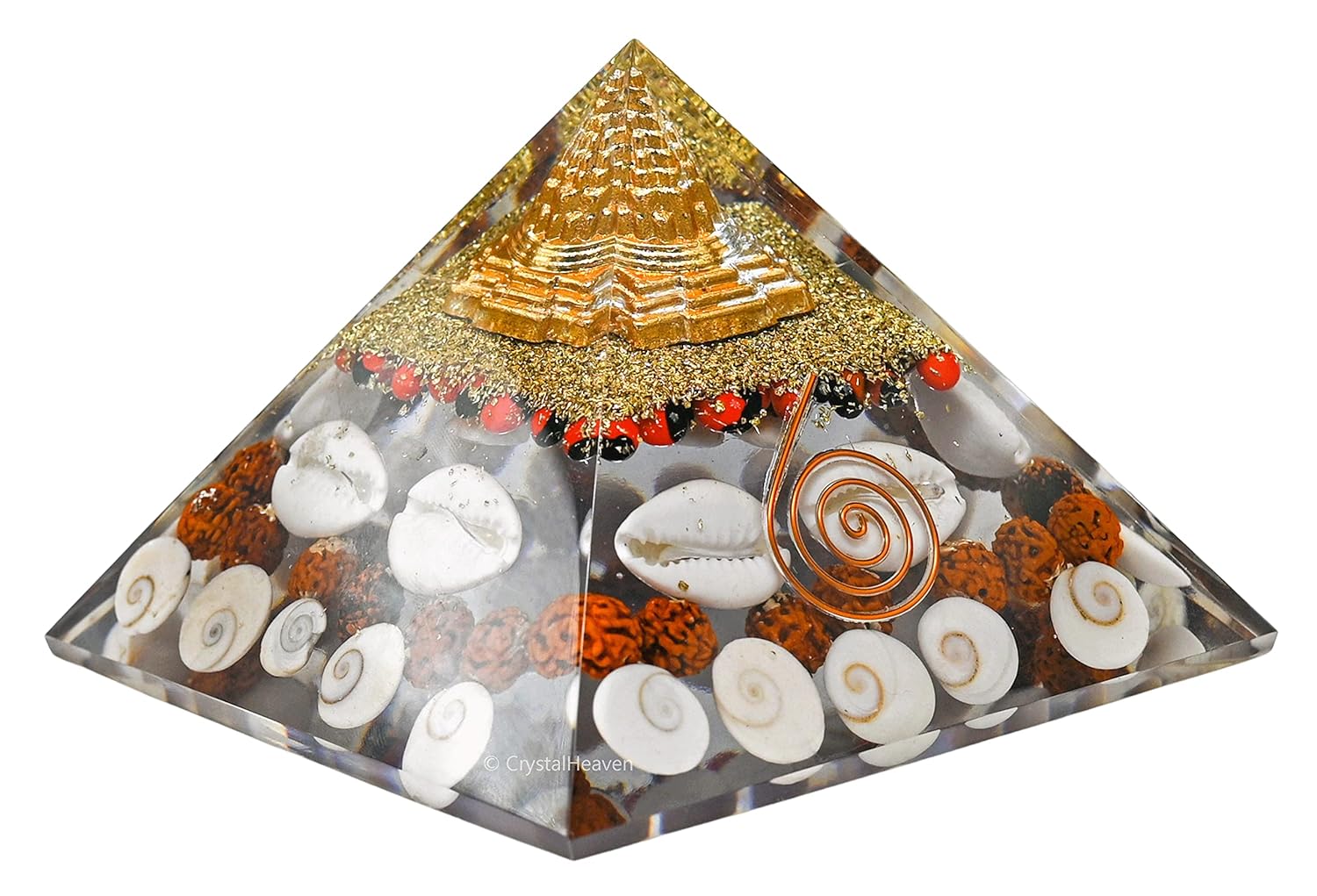 Crystal Heaven Laxmi Pyramid Original Certified Gomati Chakra, Rudraksha, Cowrie Kodi Maha Laxmi Pyramid - 90 mm Large Orgonite Pyramid with Shree Yantra - Vastu Items for Good Luck, Money & Wealth