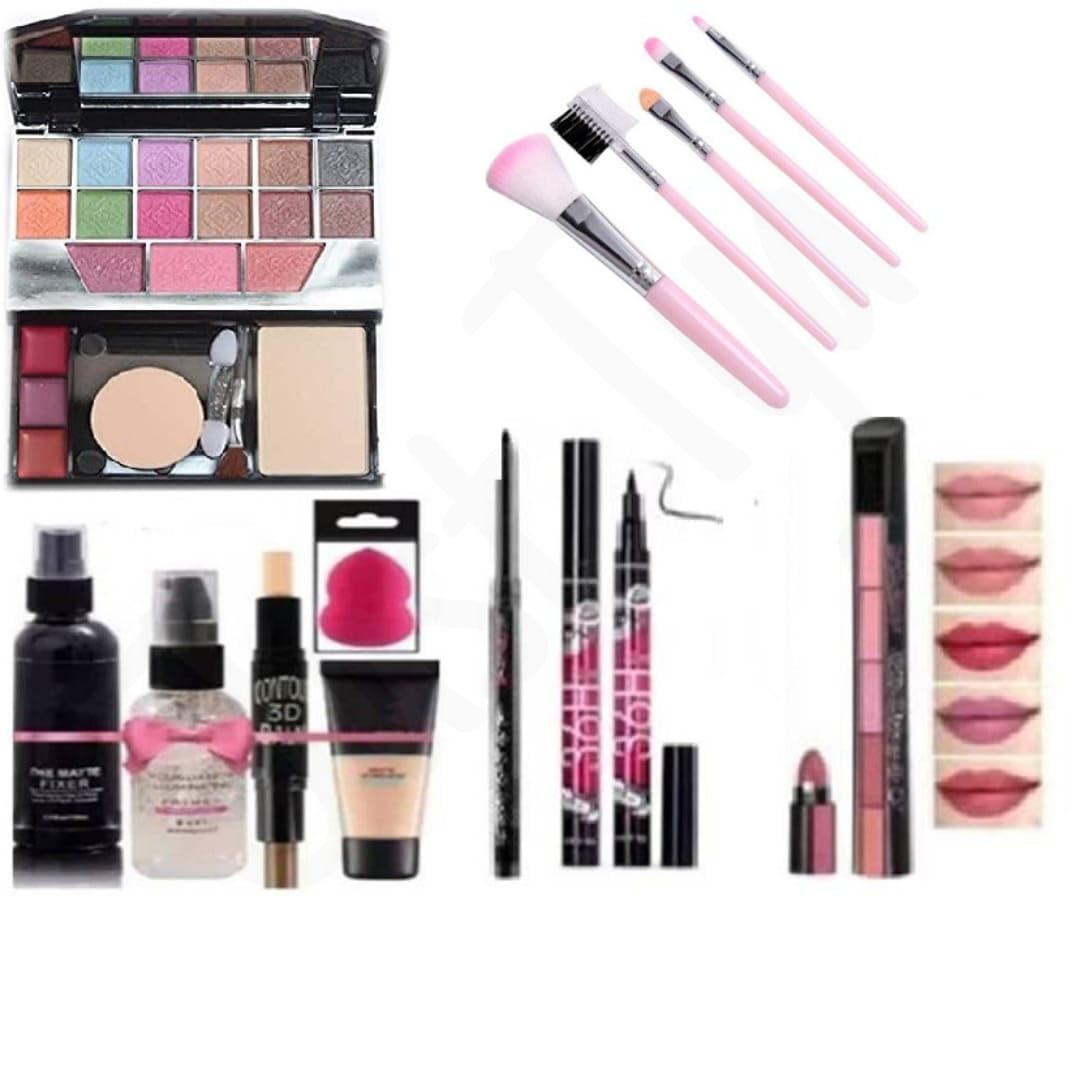JustTya Multicolour Professional 5024 Makeup Kit Set Pack of 14 Foundation, Primer, 5 Pink Makeup Brush, 1 Lipstick Combo Set, Contour, Fixer, 36H Kajal, 1 Beauty blander Brand: JustTya