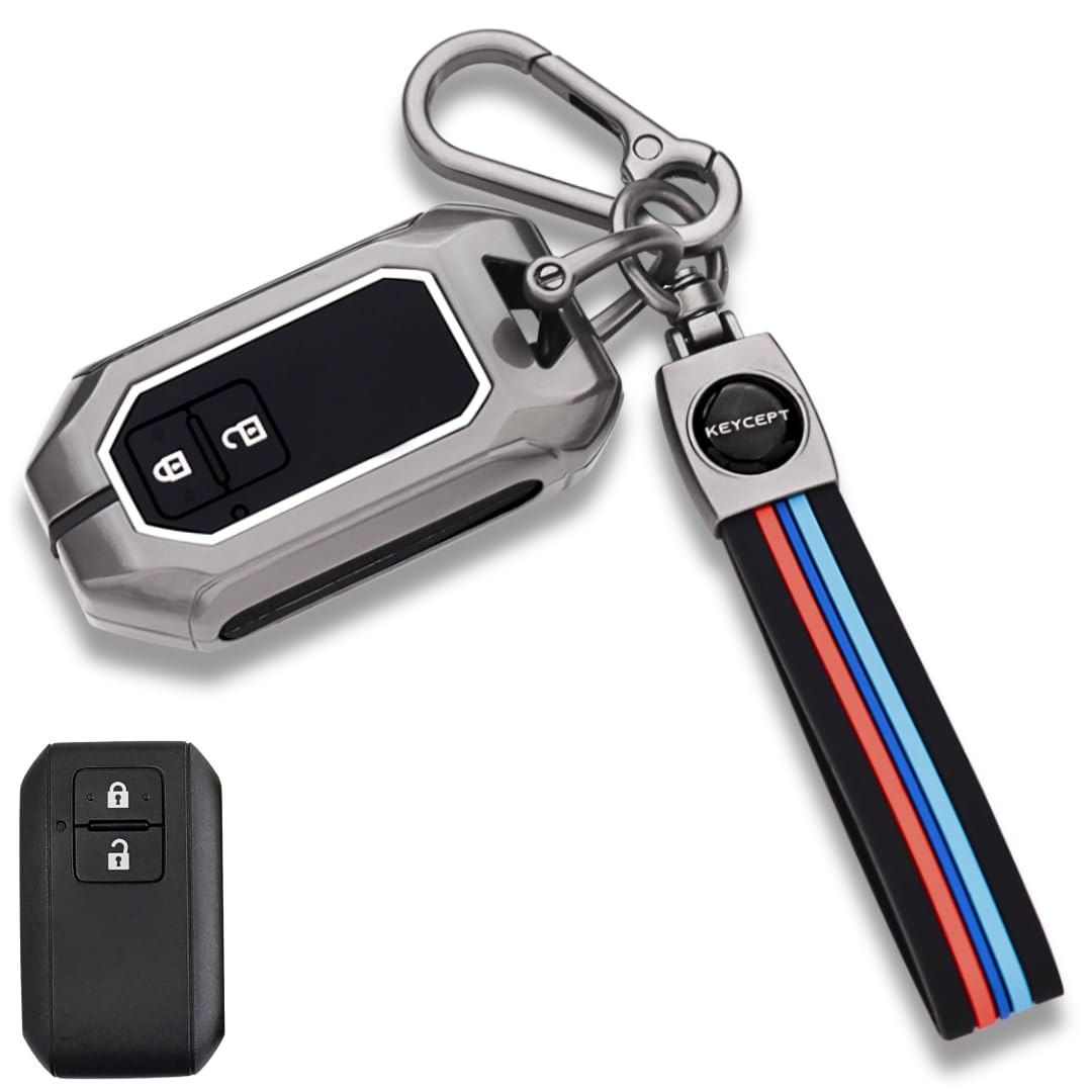 KEYCEPT Metal Keycover for Suzuki Swift, Dzire, Ertiga, Grand Vitara, Celerio, Brezza, Fronx, Jimny, Ignis, Urban Cruiser, Rumion, Hyryder, E-Vitara 2 Button Smart Key with Keychain (Long Keychain).