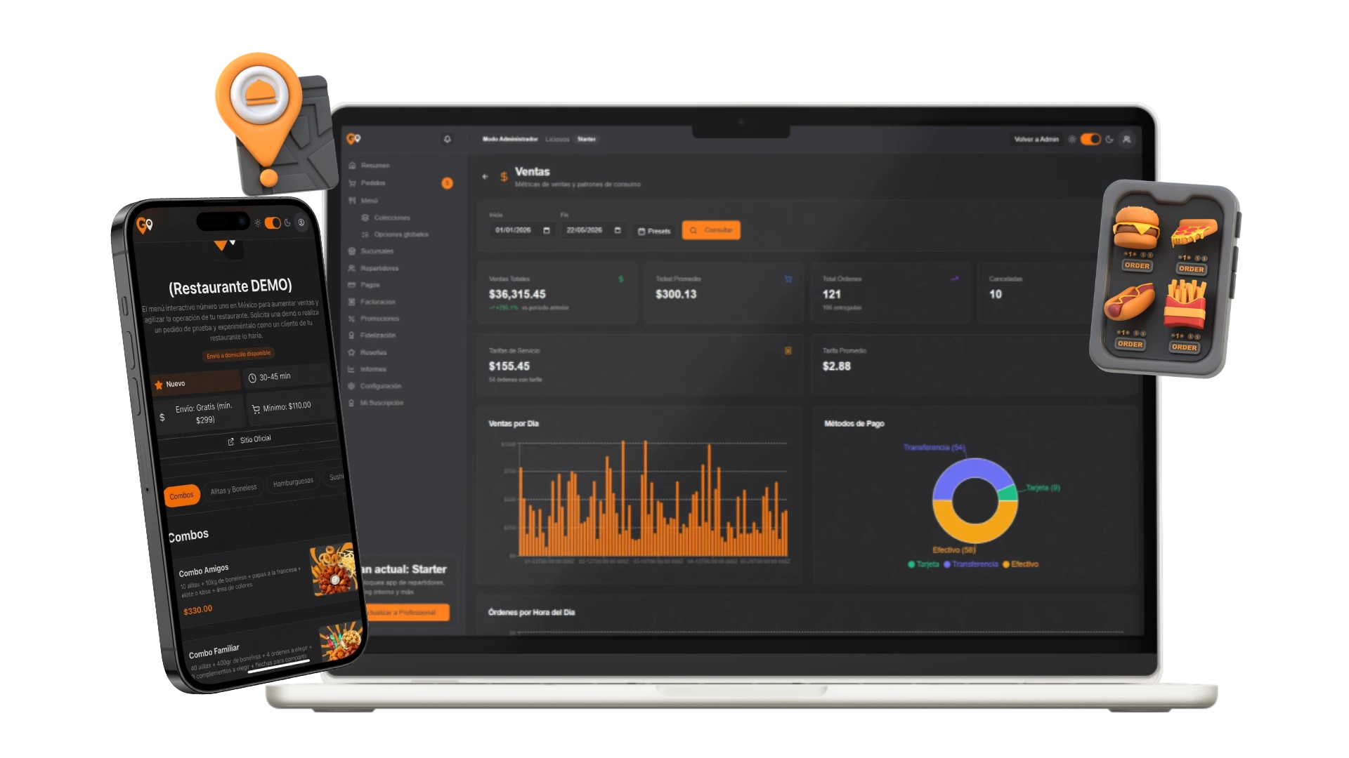 Panel de ventas de GoDelivery en una laptop y menú digital abierto en un teléfono.
