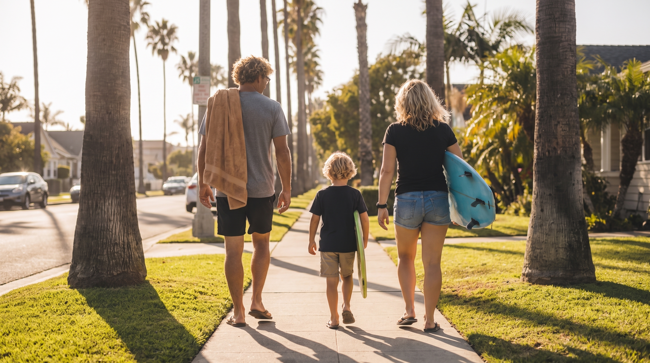Family walking through their Southern California neighborhood with surfboards