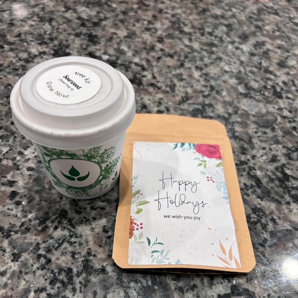 holiday tree kit cup and pouch at home