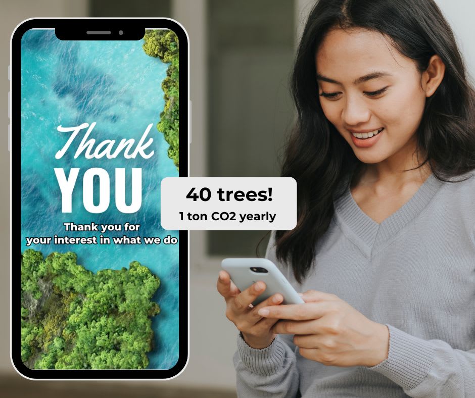 Person smiling at phone with nature-themed background