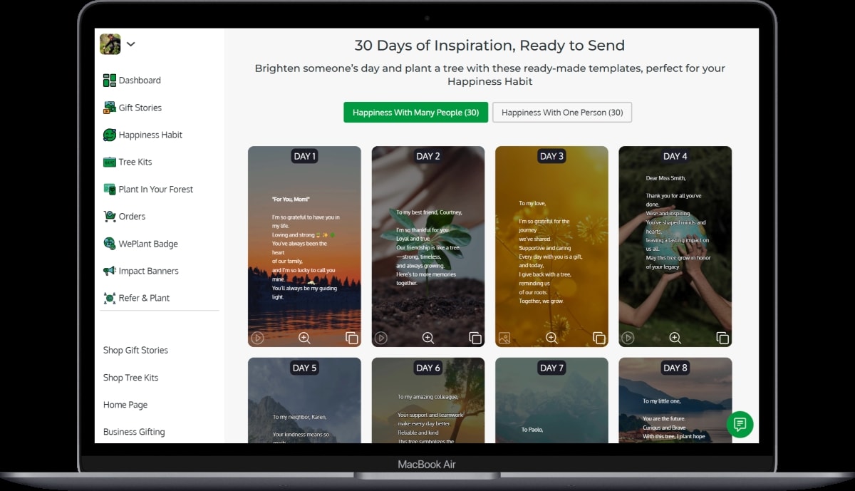 Inspirational templates for meaningful connections and tree planting.