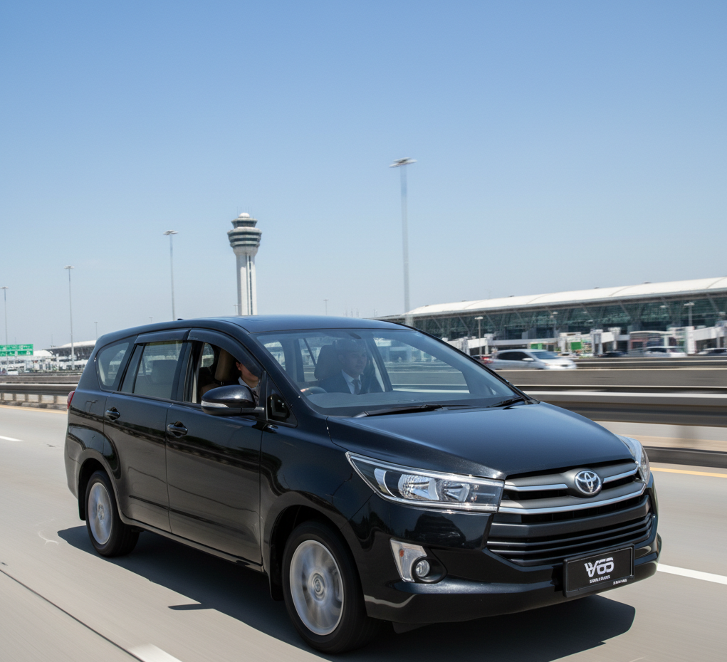 Mobil rental modern berwarna putih terparkir di jalanan yang sejuk di Lembang, Bandung