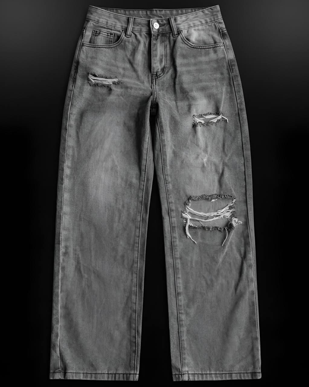 Grey Distressed Wide Leg Jeans