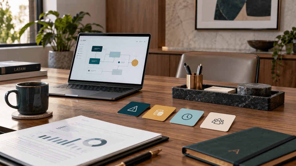 Mesa de trabajo con laptop, diagrama de arquitectura y tarjetas que representan riesgo, costo, tiempo y equipo