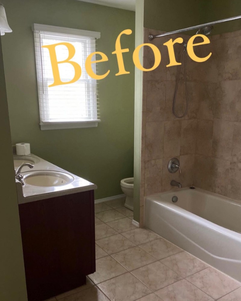 Beige tile shower and tub before the remodel
