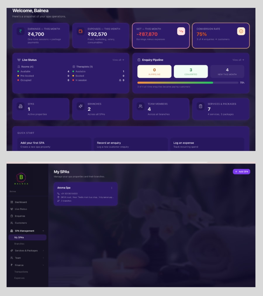 Balnea spa management software dashboard showing live room and therapist status across branches