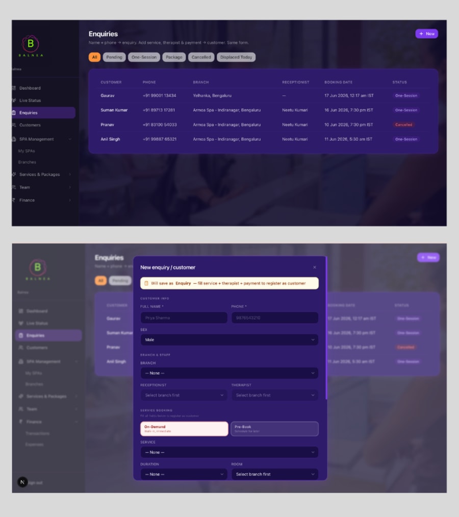 Balnea spa management software enquiry list and new enquiry to booking form