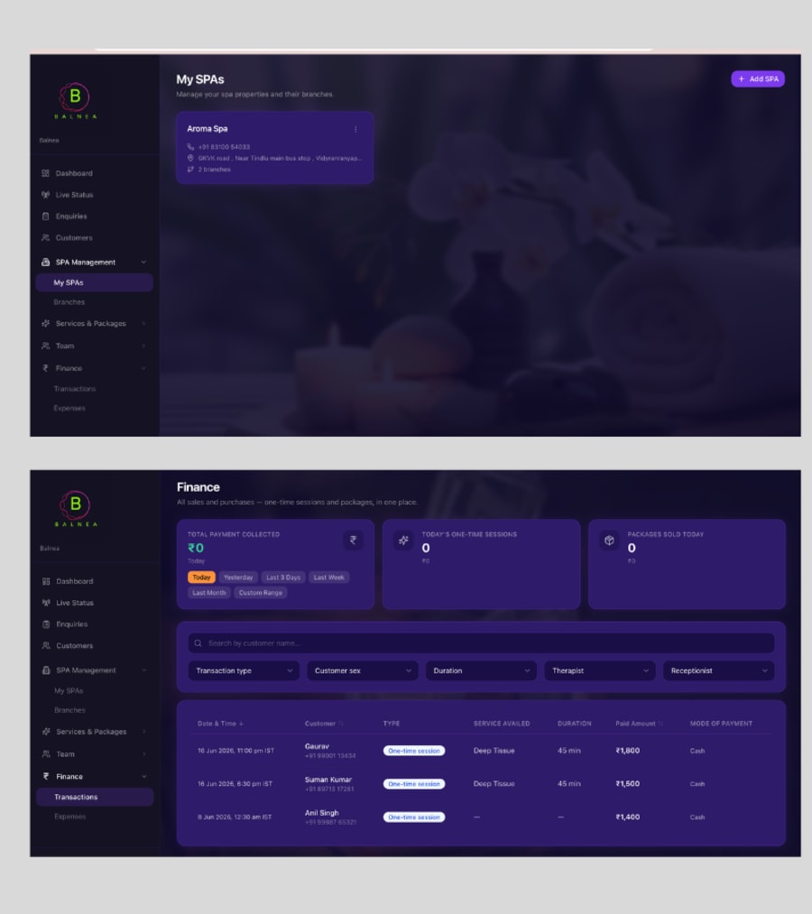 Balnea spa management software finance and transactions ledger across branches
