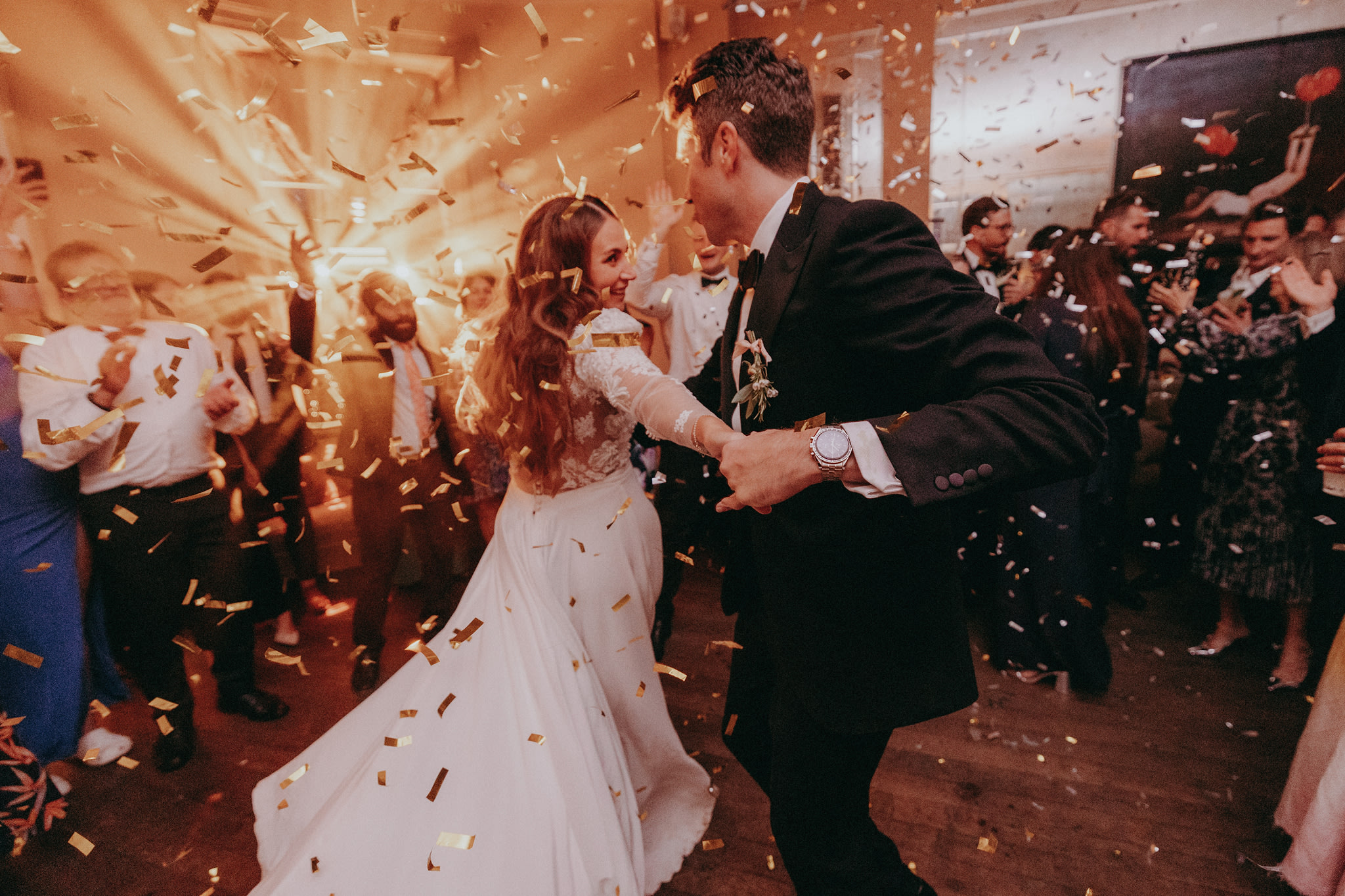 Wedding reception with professional lighting design showcasing elegant table settings and ambient lighting at a South West venue