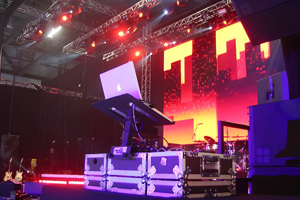 Professional DJ decks setup for corporate entertainment at a high-end corporate event