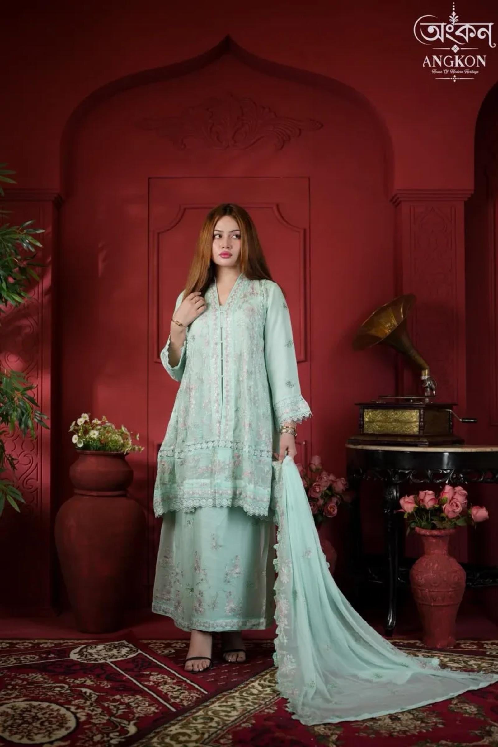 Mint Bloom – Floral Embroidered Suit