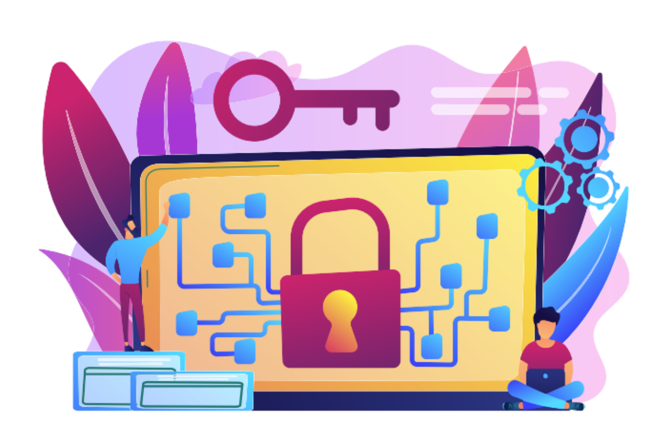 Enterprise Security - Purple padlock with key and circuit board design