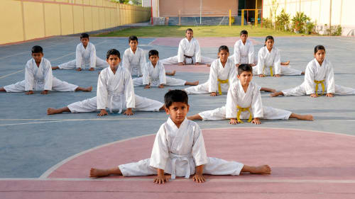 Karate practitioner performing a basic kick in a focused solo-training pose