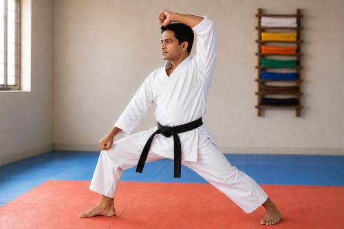 Karate practitioner executing a precise choreographic stance mid-kata