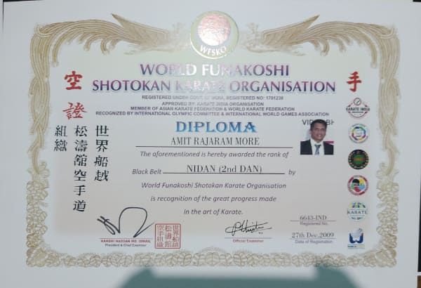 Official World Funakoshi Shotokan Karate Organisation Black Belt Nidan (2nd Dan) Diploma awarded to Sensei Amit More