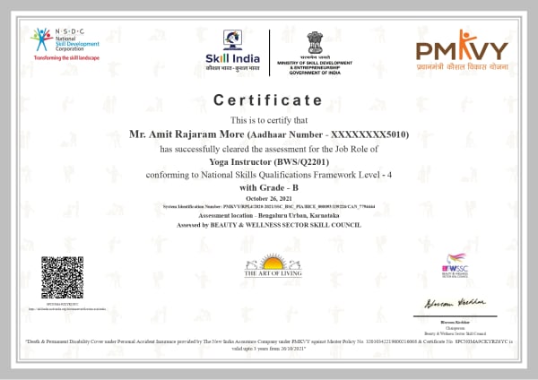 Pradhan Mantri Kaushal Vikas Yojana skill trainer qualification certificate issued to Sensei Amit More