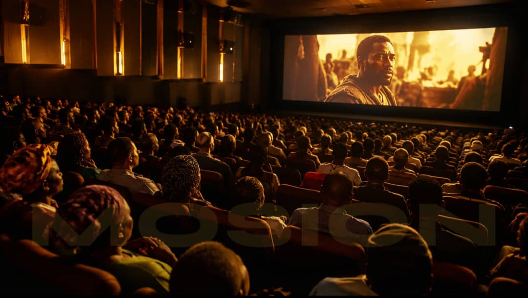 A packed Nigerian cinema auditorium, audience fully absorbed in a film, faces lit by the warm glow of the screen