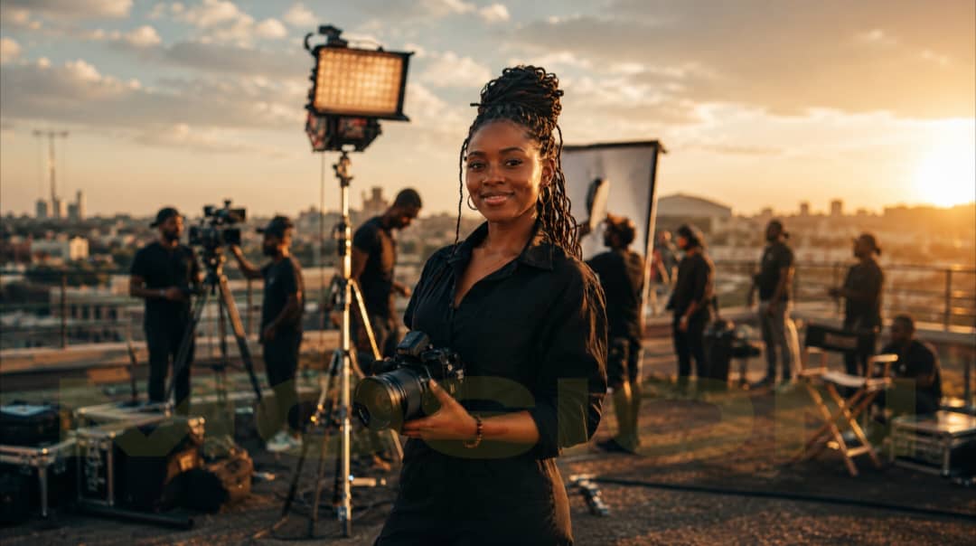 A confident young African female filmmaker stands in golden hour light, holding a camera, a film set being prepared behind her — in control of her story and her business