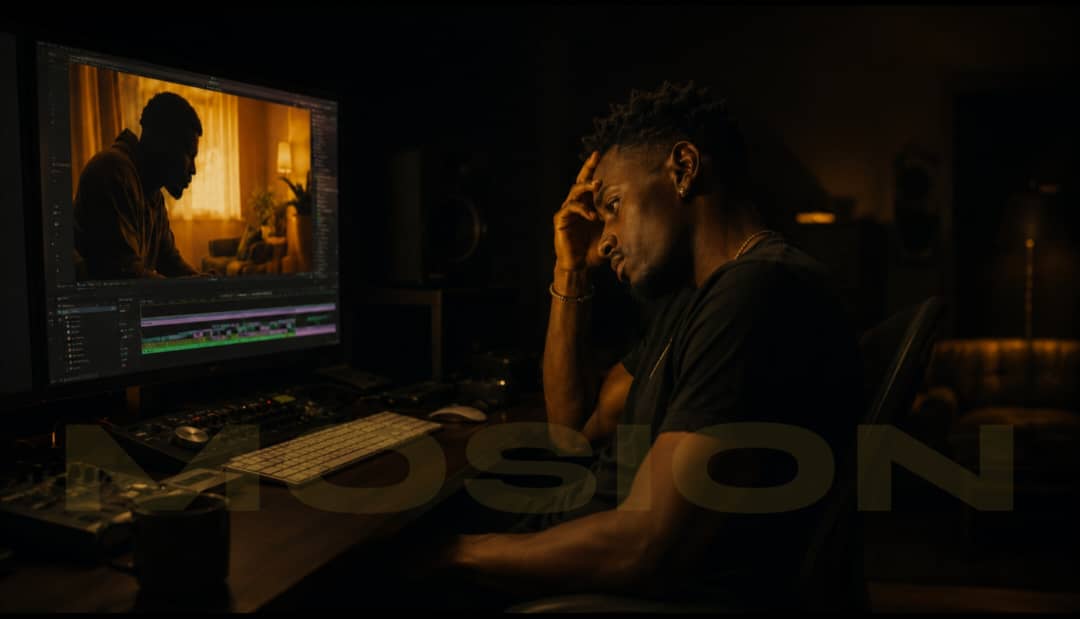 A young African filmmaker sits alone in a dark editing room, staring at a monitor showing a completed film — quiet frustration, wondering if anyone will see it