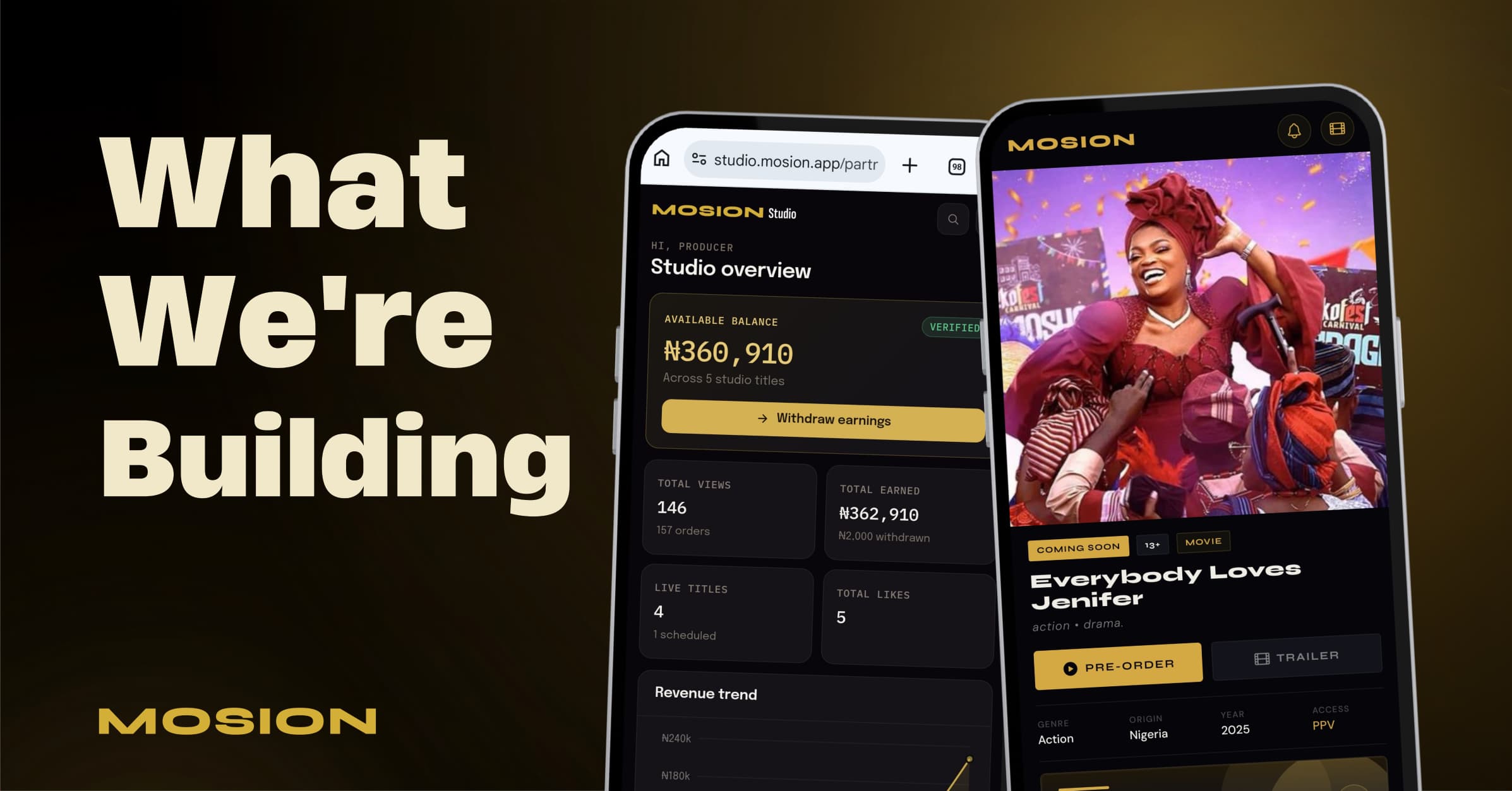 Mosion consumer app and Studio dashboard — real product, real data, direct earnings for filmmakers