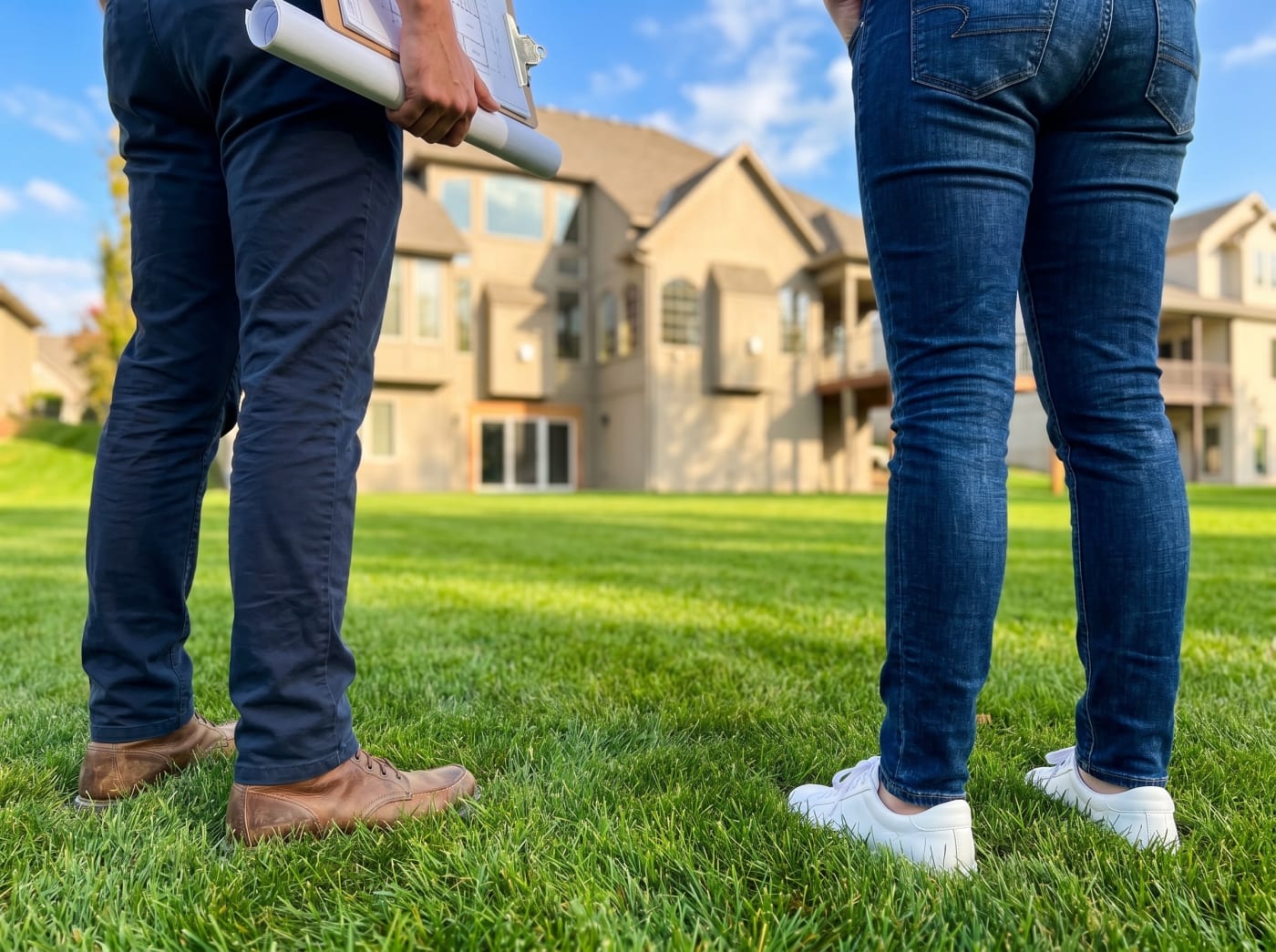 A Kansas City Hardscapes designer and homeowner stand on the lawn together to walk the space