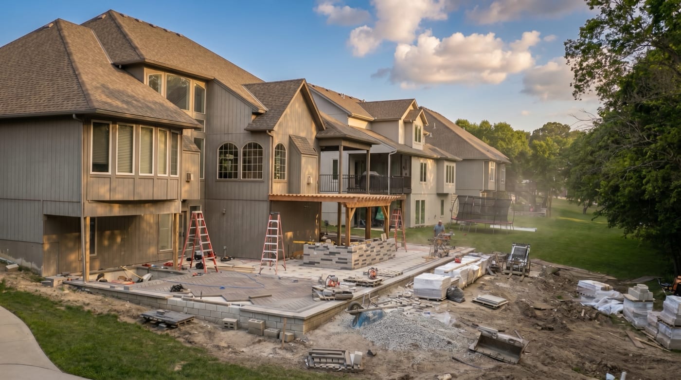 The Gerstner project mid-build: pavers being laid, materials staged, pergola frame standing