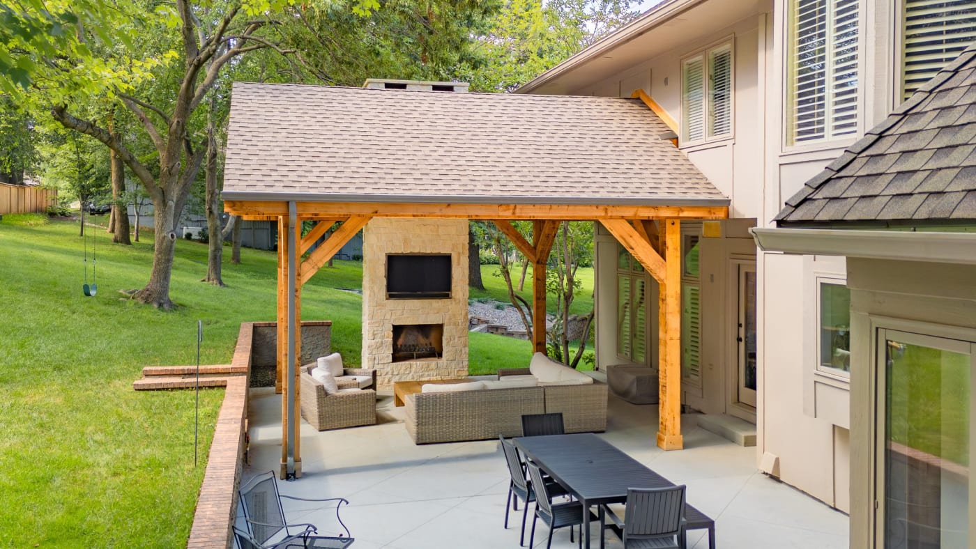 Pavilion, fireplace, and diamond-cut concrete patio built by Kansas City Hardscapes in Leawood, KS