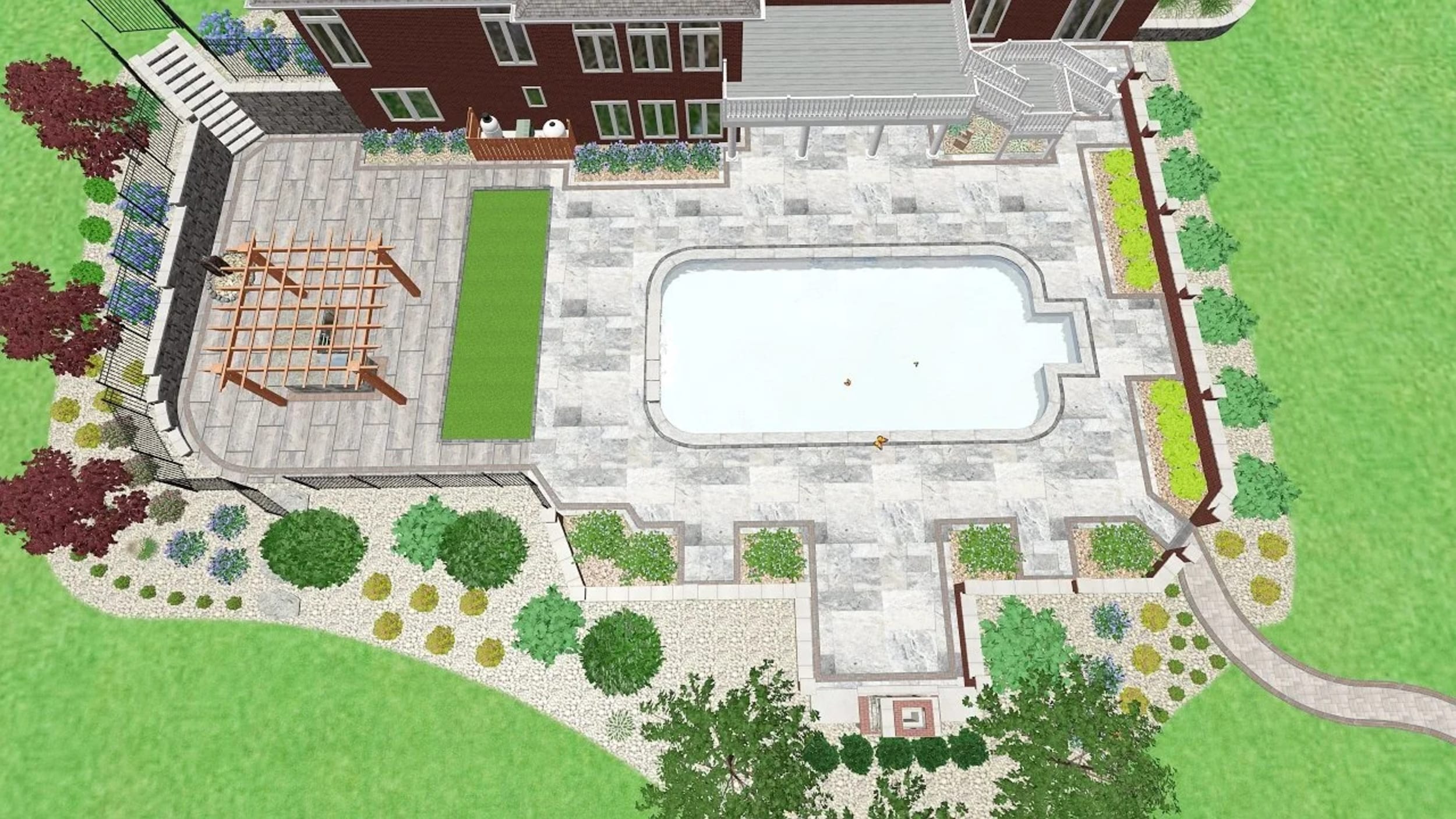 A 3D rendering of the Joyce backyard with pool, pergola, and putting green